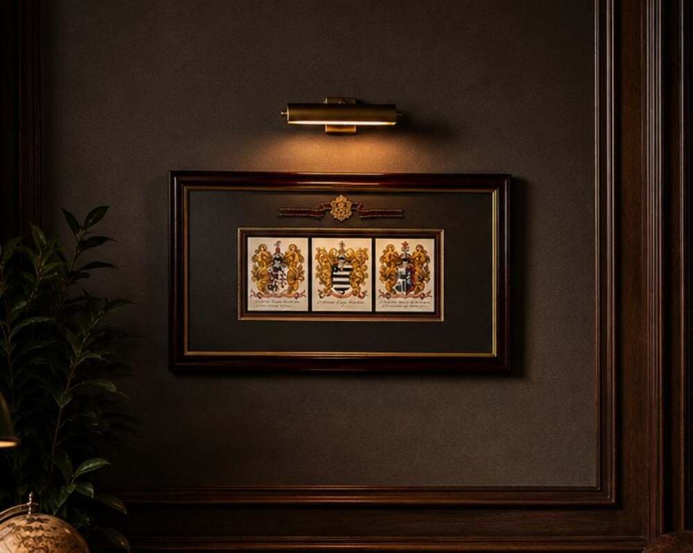 Vintage Framed English Heraldic Coat of Arms Print – Triple Armorial Display – T